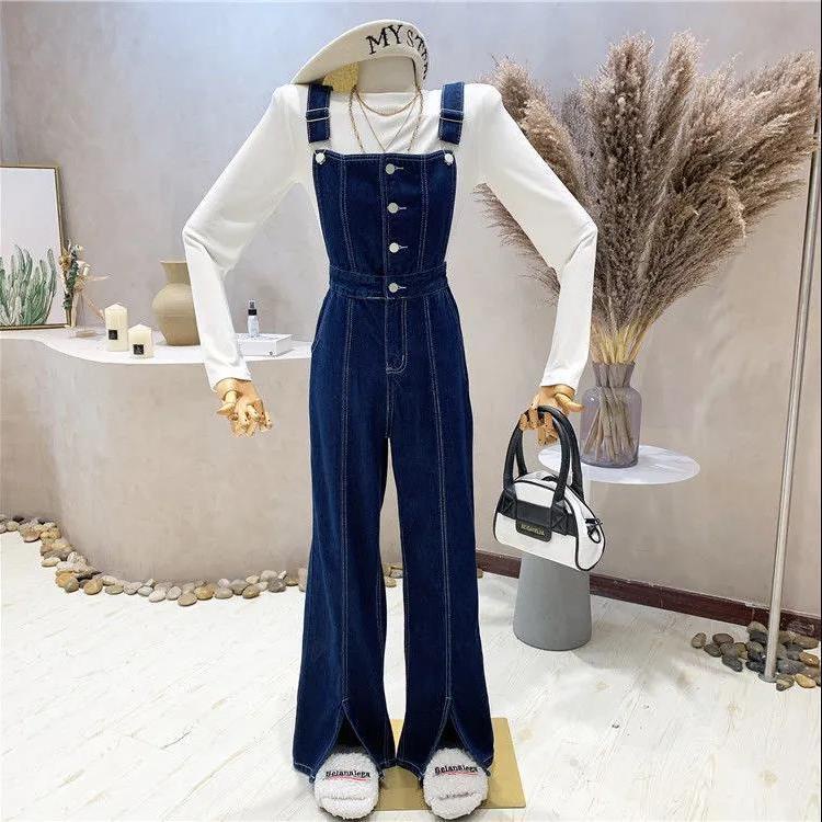 2022 musim semi baru versi Korea in menunjukkan overall denim tinggi pinggang tinggi wanita menunjuk