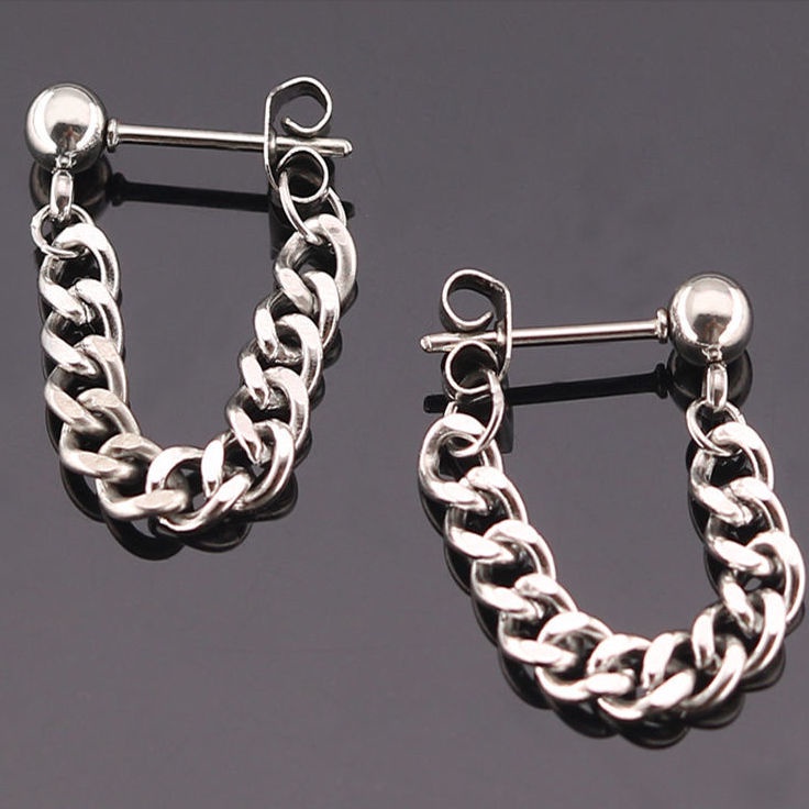 Gaya Dingin Baja titanium rantai stud anting-anting sederhana earbud Wanita Pria menggantung anting-