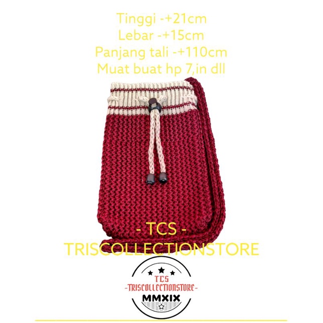 Promo tas rajut selempang wanita model serut buat hp dll, kekinian, viral, marun/merah, (serut strip
