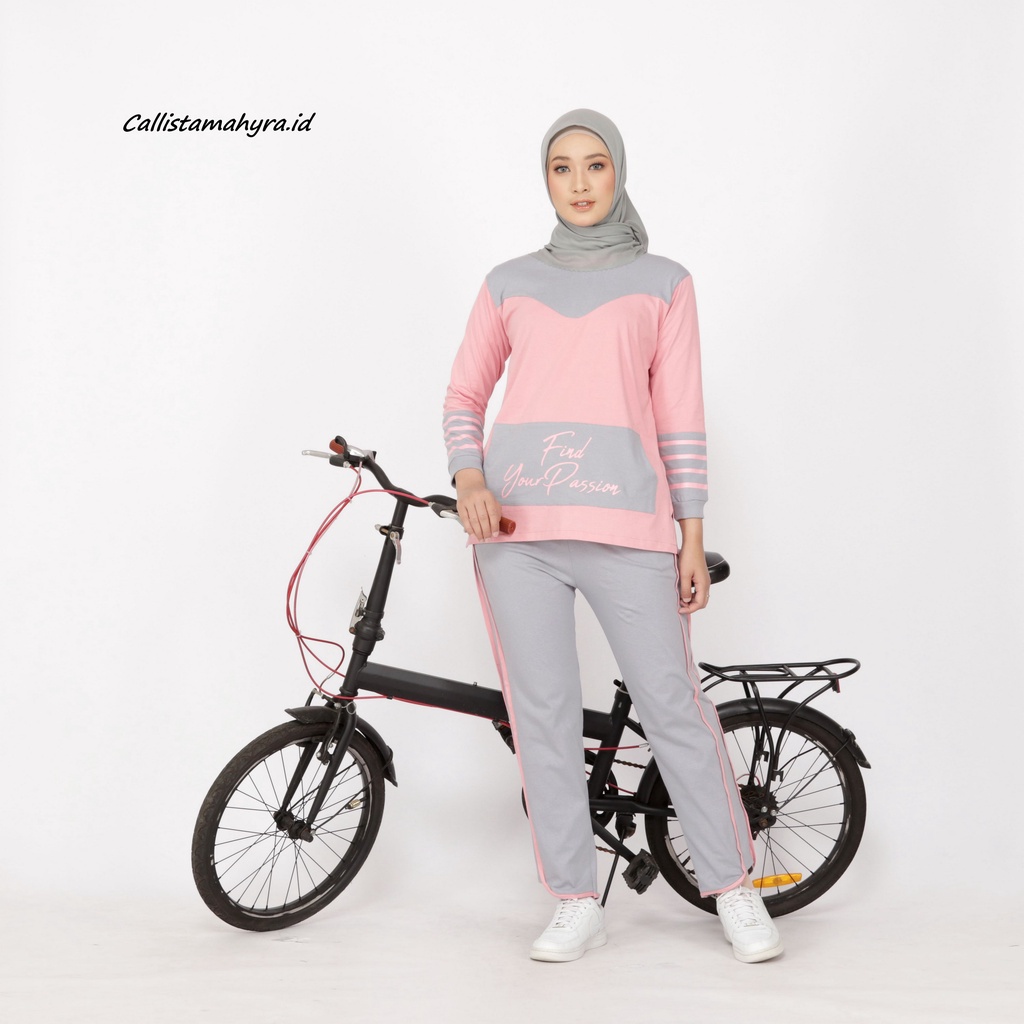 Setelan Olahraga Wanita - Baju Olahraga Wanita Muslim - Setelan Senam Sepeda Gowes Wanita PEACH-ABU