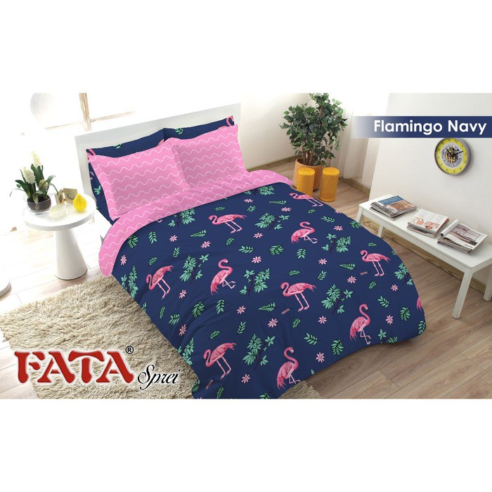 SPREI FATA MOTIF FLAMINGO NAVY 180 X 200
