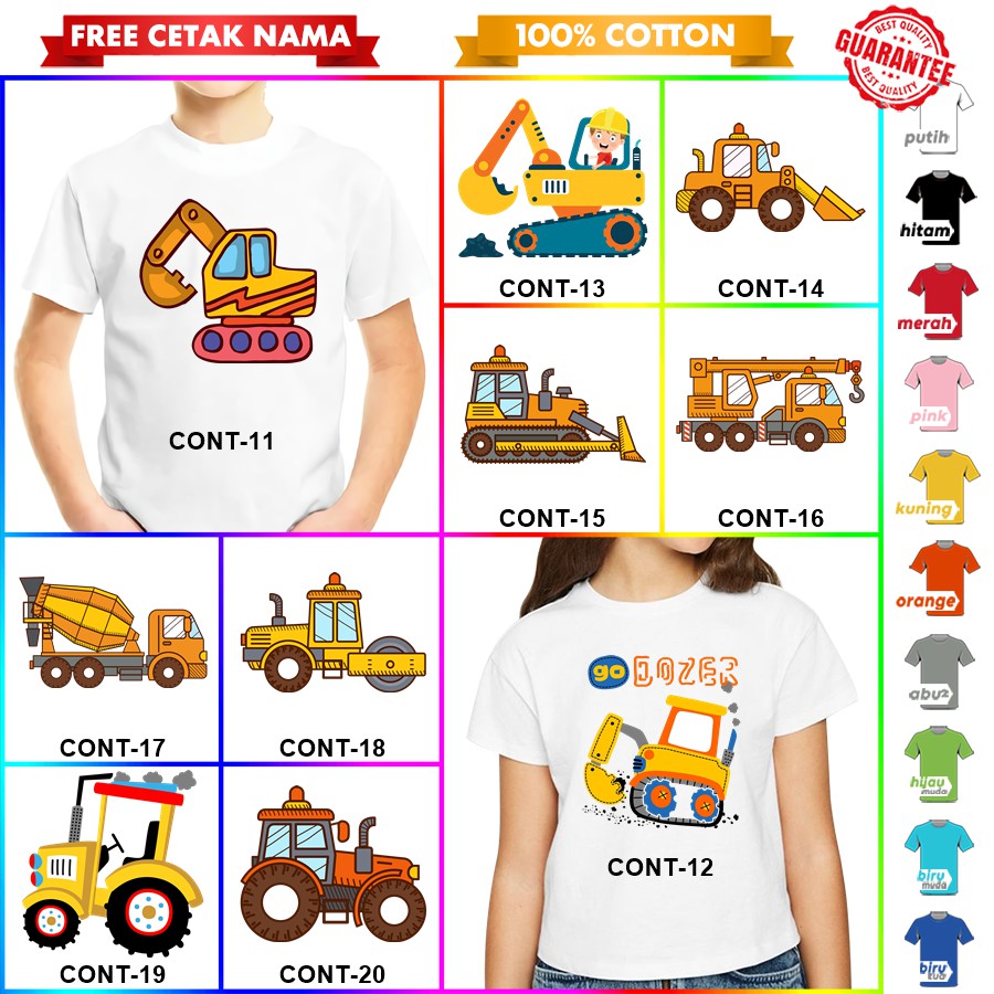 [FREE NAMA!!] Baju Kaos ANAK DAN DEWASA EXCAVATOR ESKAVATOR TRAKTOR TRUCK BANYAK MOTIF