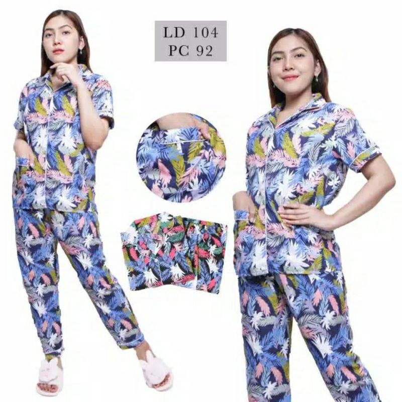 Baju Tidur Piyama Wanita/Cewek Pajamas Dewasa Motif Daun Kekinian Katun