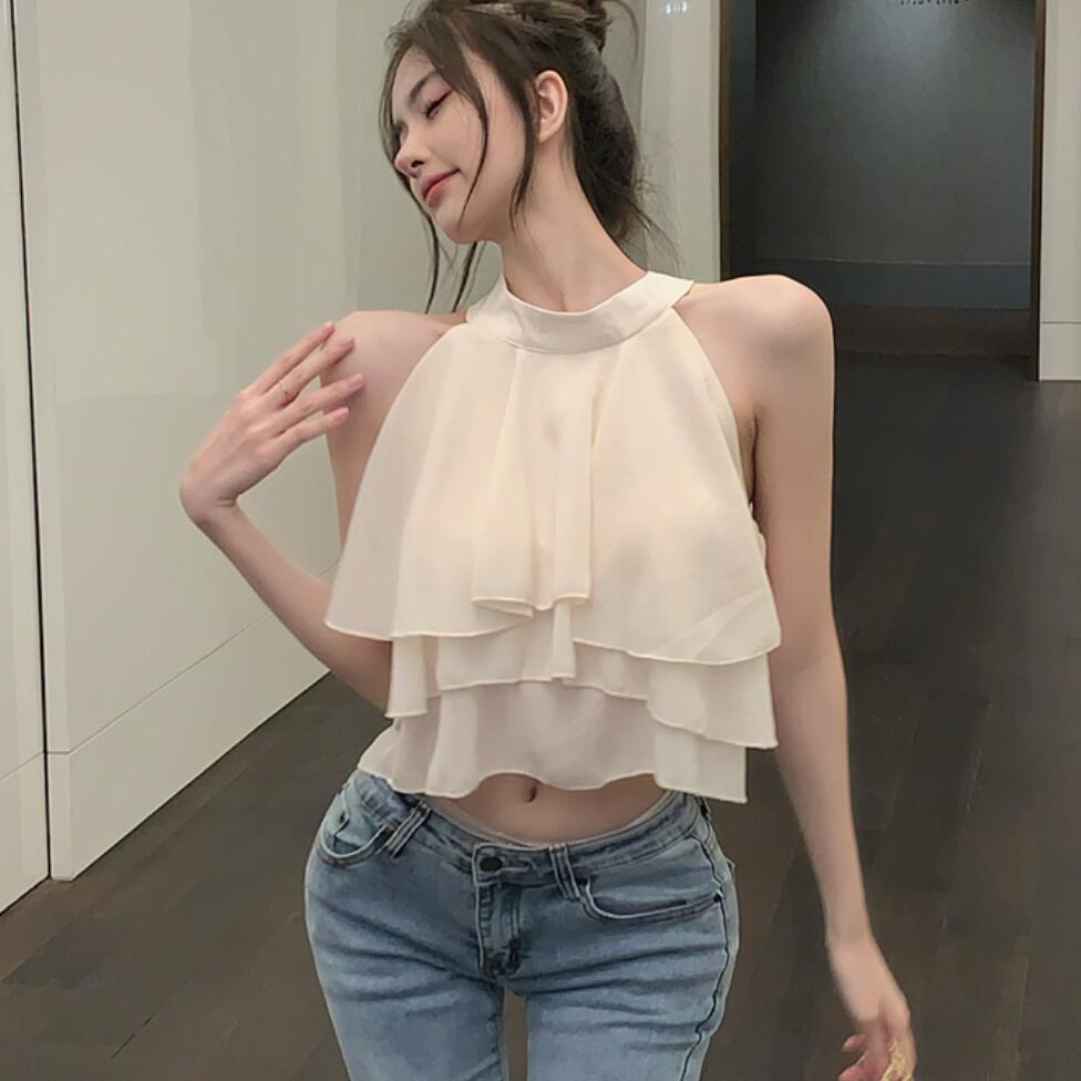 Red wanita halter neck off-shoulder tanpa lengan kamisol wanita musim panas 2022 new western style high fashion slim chic top