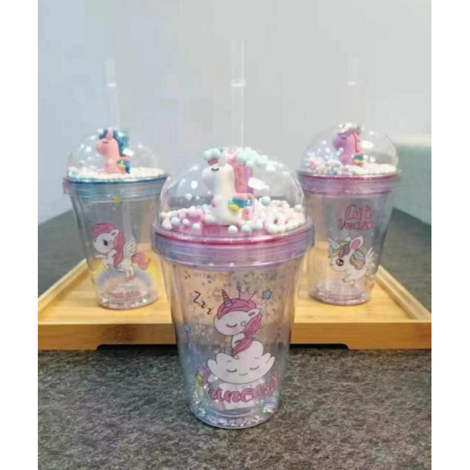 Tumbler Unicorn Gelas GLITTER Sedotan Bubble Rainbow Sparkle Blink Kristal Unik Double Wall Cup Glass Tempat Minum Hologram Design Gelas Lampu Unik Light Glass Bottle Straw Cup-Bening Bintang