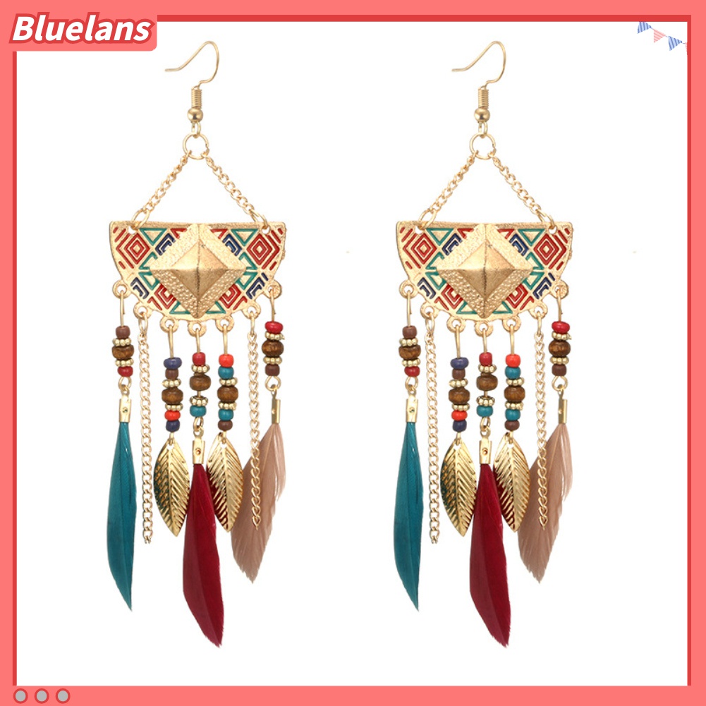 Anting Kait Bentuk Kipas Aksen Manik-Manik Rumbai Bulu Gaya Bohemian Untuk Wanita