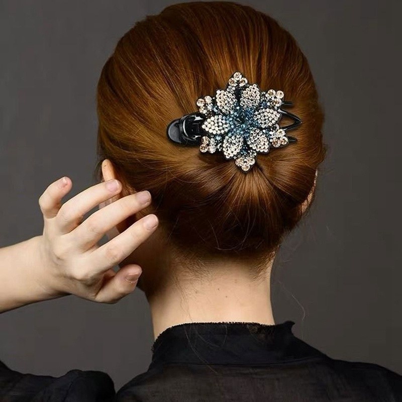 Rhinestone Double Flower Hair Clip Flexible Durable Women Dovetail Hair Clip