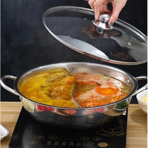 Panci masak rebus shabu 2 sekat premium diameter 28cm tutup kaca hot pot steambot stainless steel