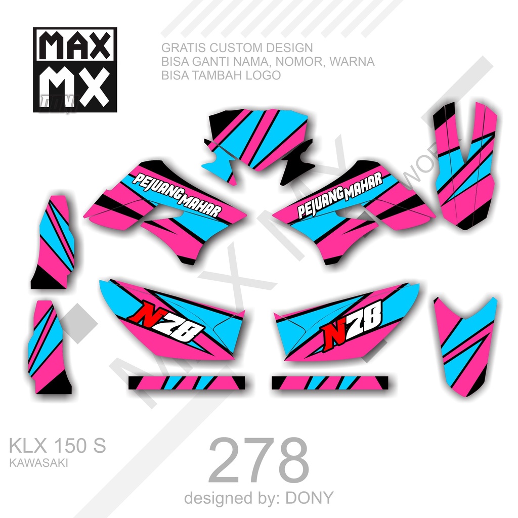DECAL STIKER MOTOR KLX 150 S MOTIF PINK BIRU LANGIT RACING