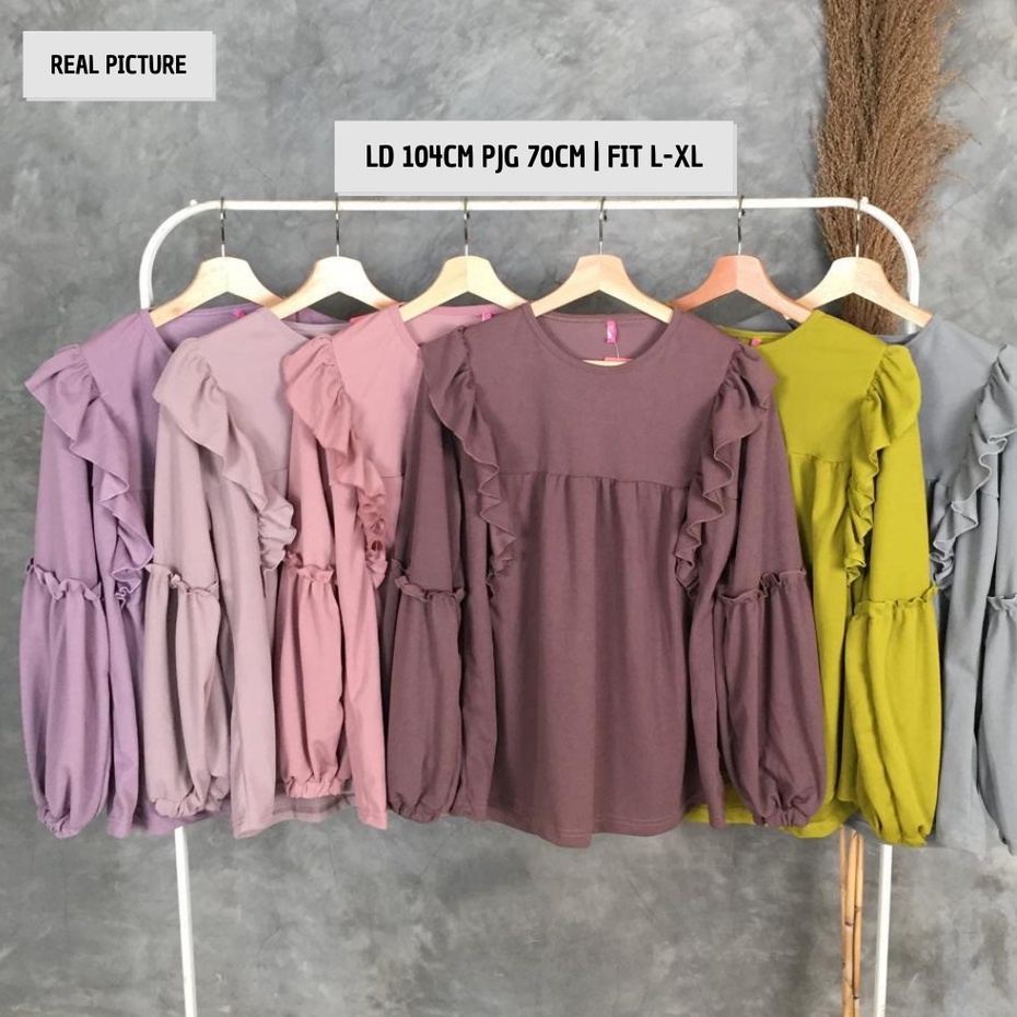 Blouse Wanita Lengan Panjang Kekinian Rumbai Gina LD 106cm Pjg 70cm FIt XL-XXL-Pink Muda