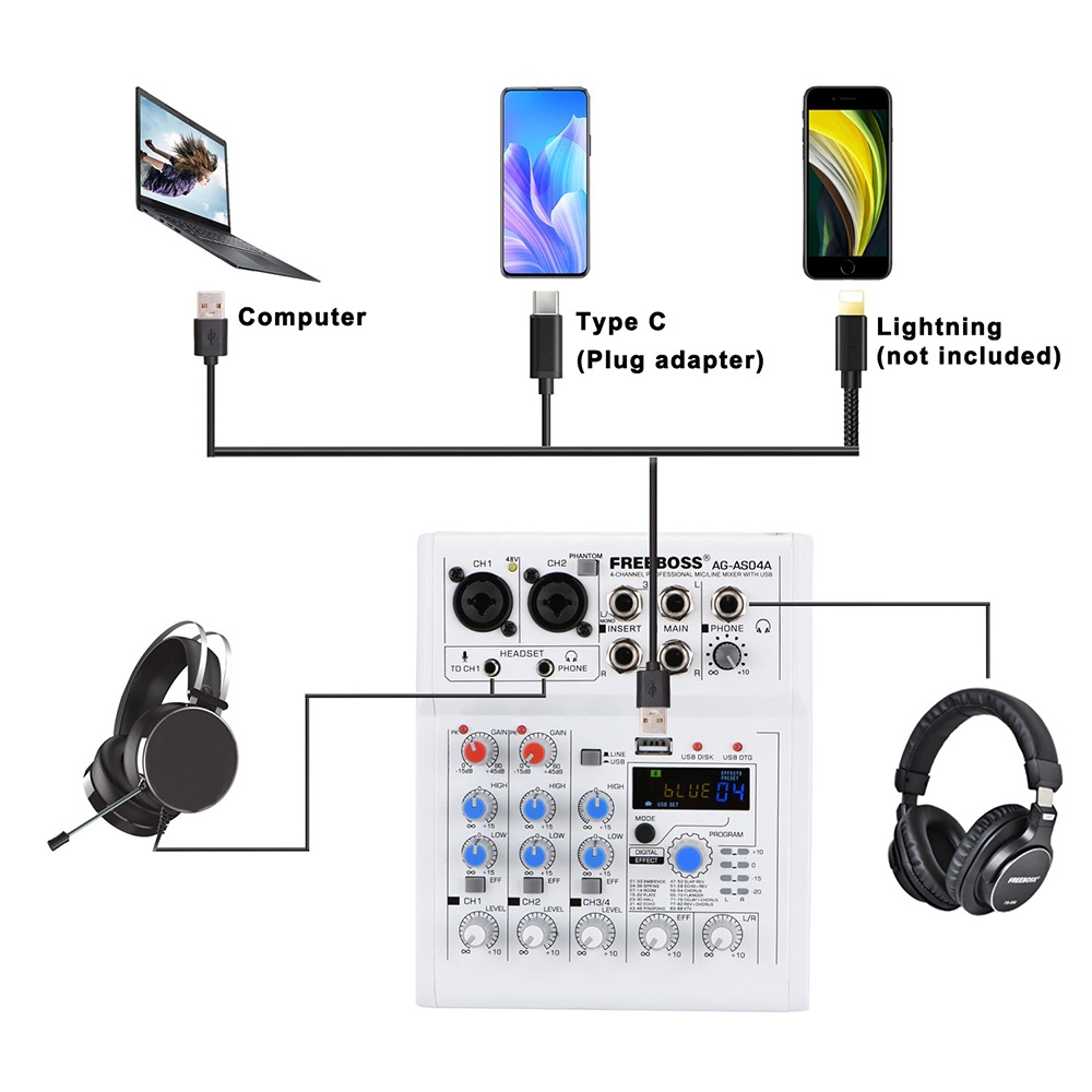 Mixer Record 4 Channel FREEBOSS Bluetooth 88 DSP Effect 4 Channel - AG-AS04A - White