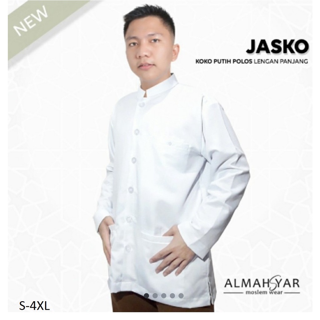Koko Habaib pria dewasa putih polos 'ALMAHSYAR' model jasko lengan panjang kerah sanghai keren denga