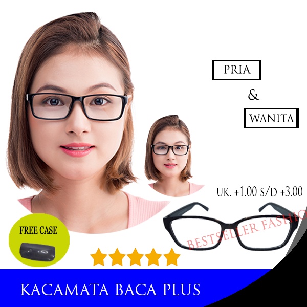 KACAMATA BACA FULL PLUS (+) RABUN DEKAT +1.00 S/D +3.00 FRAME HITAM GAGANG MOTIF PRIA WANITA FREECASE