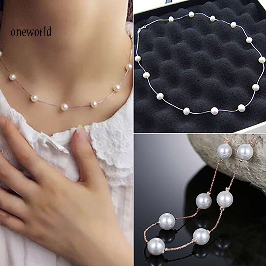 (ord) Kalung Rantai Clavicle Adjustable Bahan Alloy Dengan Mutiara Imitasi Untuk Wanita