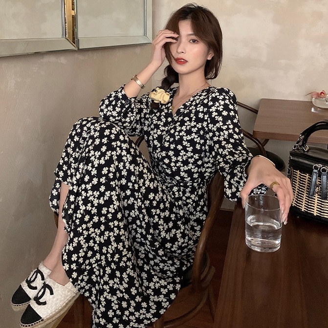 yikoo-Dress lengan panjang semanggi berdaun empat hitam maxi dress wanita