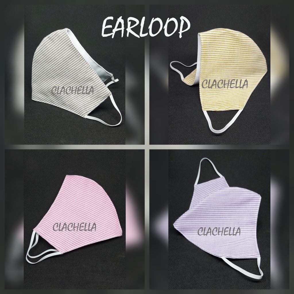 Clachella Masker Kain 3 Lapis Motif Garis, Masker Headloop (Hijab) &amp; Earloop