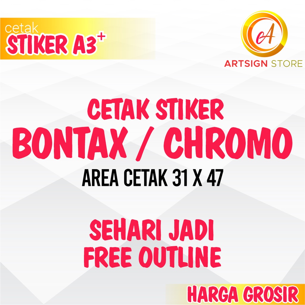 

Cetak Stiker Chromo / Stiker Bontax Bontax / Stiker Bontak A3+ / Cetak Stiker Label Makanan