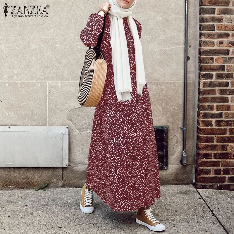 ZANZEA Women Elastic Cuffs Casual Dot Printing Muslim Maxi Dress