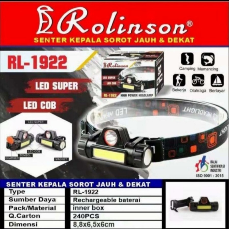 ROLINSON RL 1922 SENTER KEPALA LED COB HEADLAMP JAUH DEKAT LED CREE