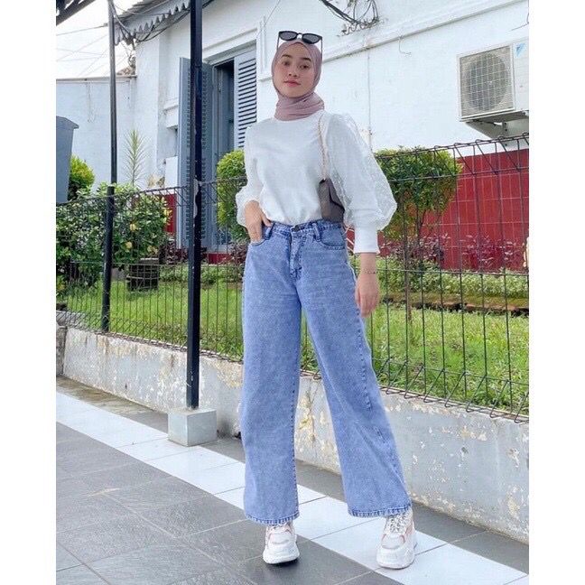 1KG MUAT 4PCS | CELANA KULOT JEANS HIGHWAIST SNOWBLUE HITS SELEBGRAM FASHION WANITA