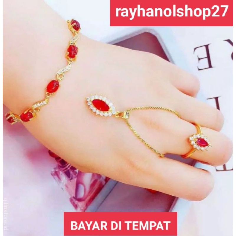 SET PERHIASAN WANITA TITANIUM MOTIF BATU PERMATA MEWAH LAPIS EMAS 24 K