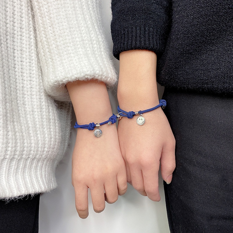 Korea biru woven pasangan diy Gelang adjustable wajah tersenyum magnet liontin pacar gelang pria dan