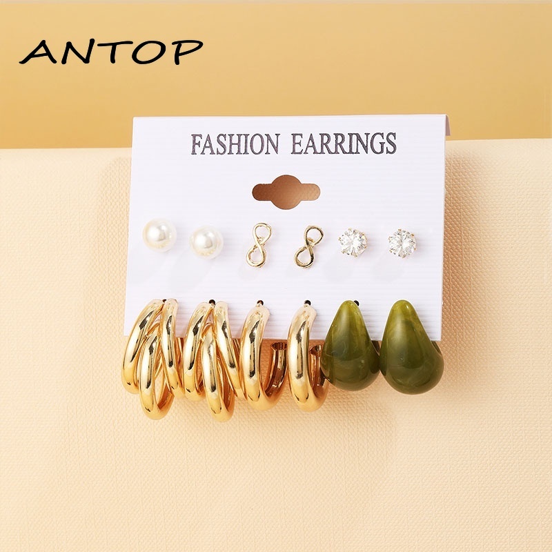 6 Pair/set Fashion Pearl Anting Leopard Print Bentuk Bulat Anting-Anting Pantai Perhiasan Aksesoris Wanita ANTOP