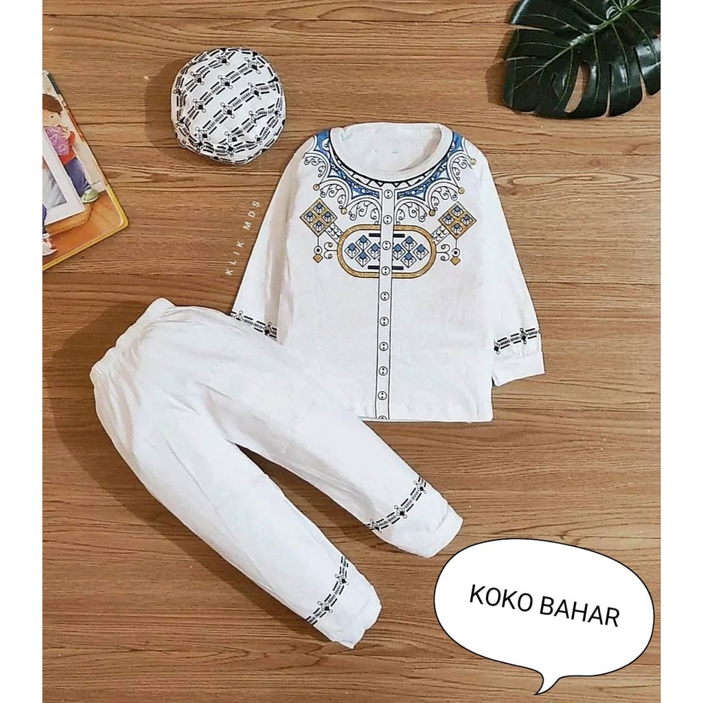 Setelan Baju Anak Bayi Laki-laki Atasan Dan Celana Usia 3-18 Bulan Motif Koko Putih Sholeh Free Peci