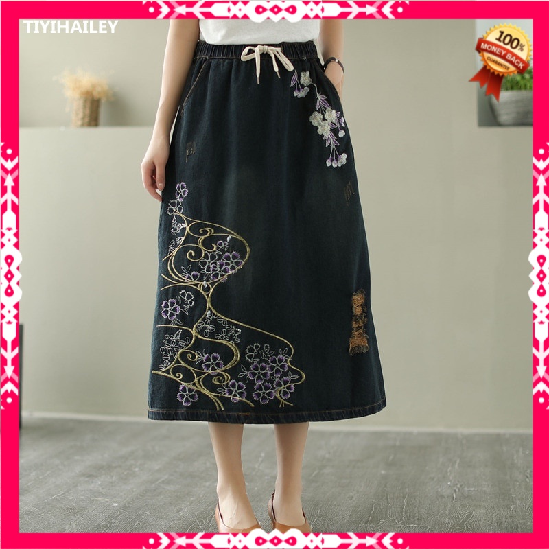 Rok Denim Panjang Import Cotton Denim Long Mid-calf Skirts For Women Summer Elastic Waist A-line Emb