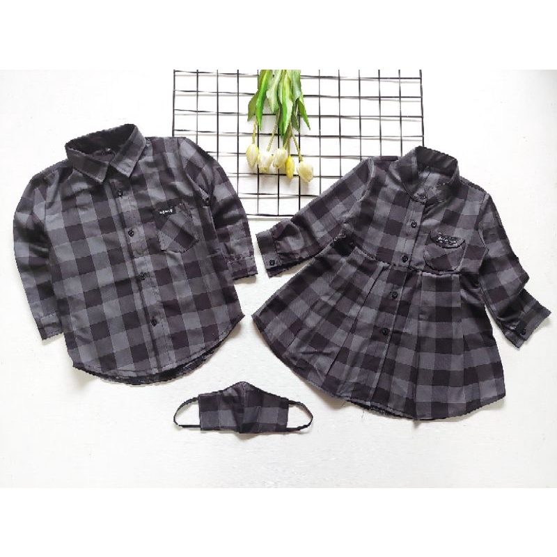 KEMEJA DAN DRESS COUPLE ANAK/BAJU COUPLE ANAK 1-12th ( FREE MASKER )