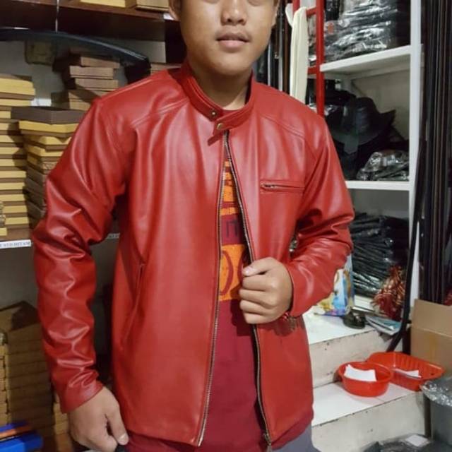 Jaket pria kulit merah hitam coklat - Merah M