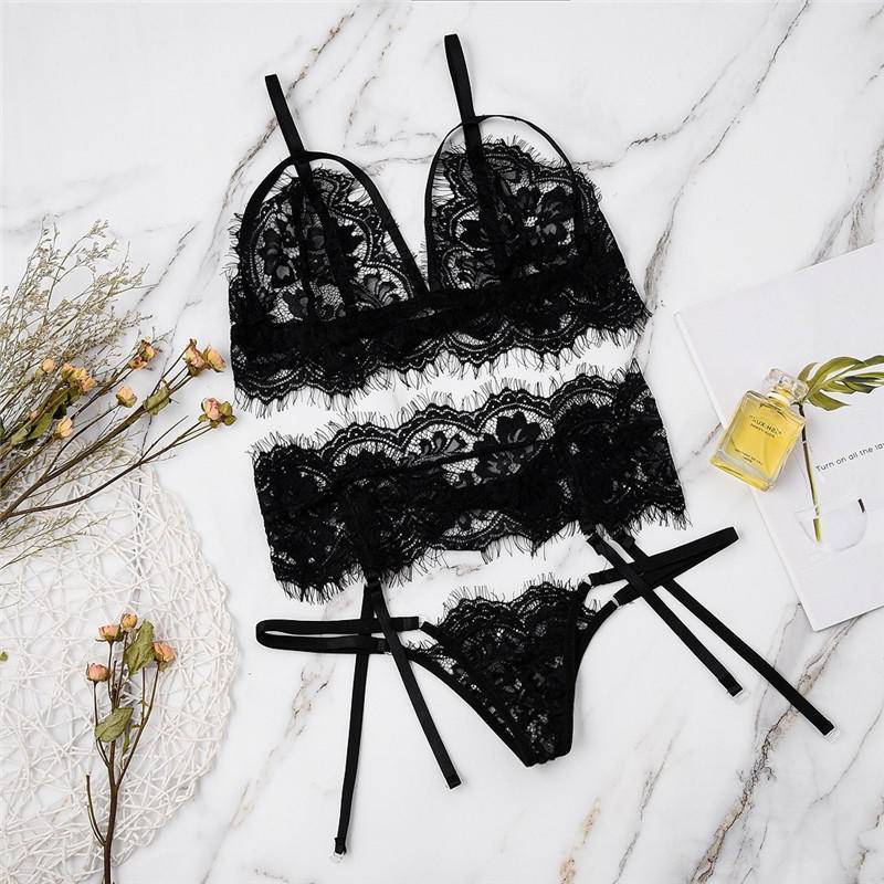 【Wetrose】Hot Selling Sexy Women's Black Full Lace Split Underwear Lingerie Lingeria Set