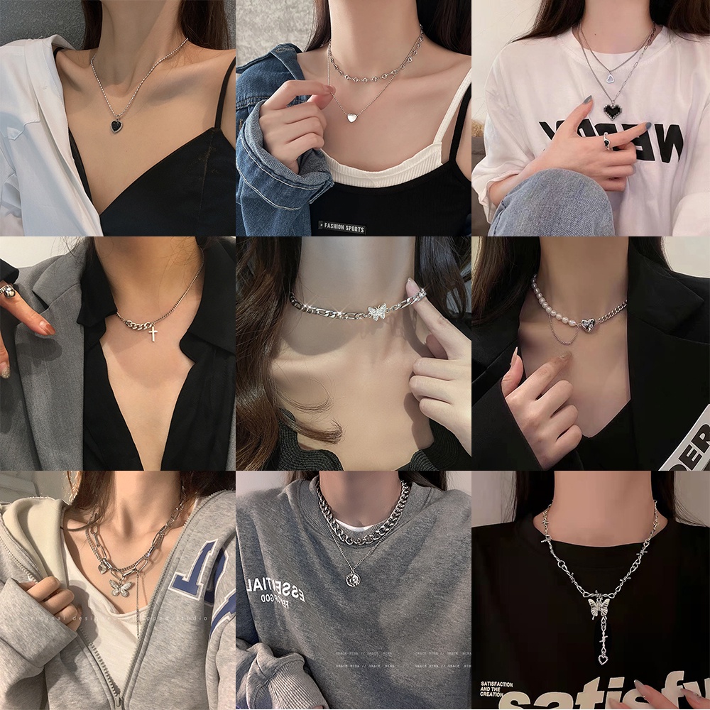 IFYOU Kalung Rantai Choker Desain Kupu-Kupu Hati Aksen Mutiara Warna Silver Gaya Korea Untuk Wanita