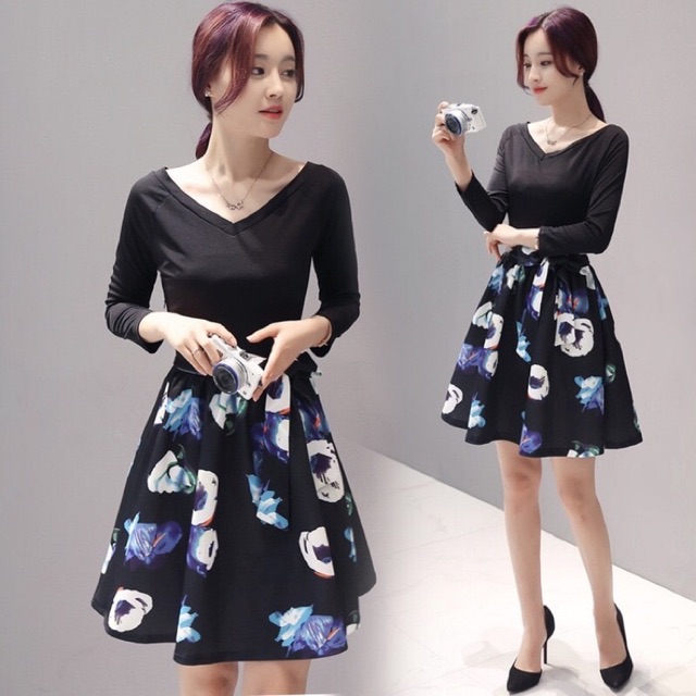 Korea Black Flower Dress