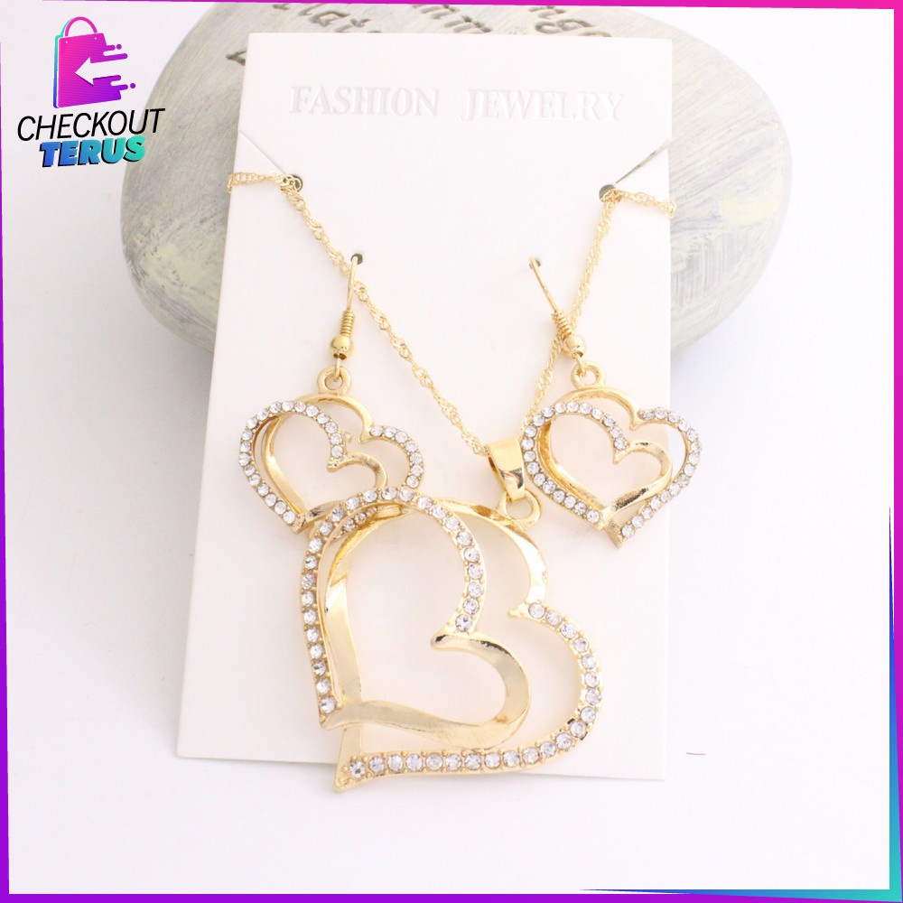 CT K120 Kalung Anting Set Motif Hati Kalung Rantai Anti Karat Aksesoris Fashion Wanita Korea Kalung Rantai