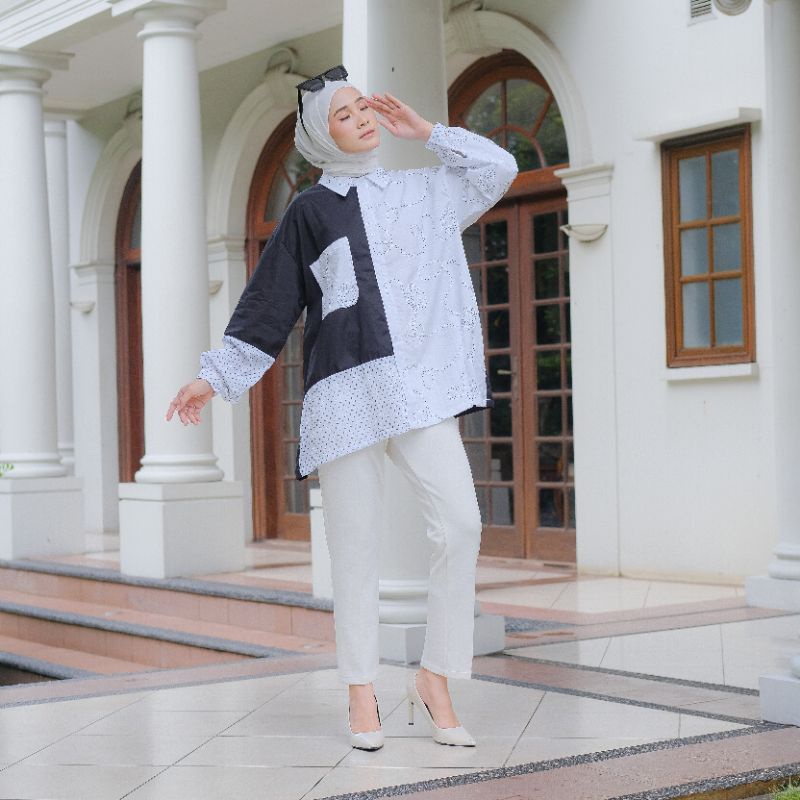 Eleanorre Monera Black And White Tunic Atasan Muslim Wanita