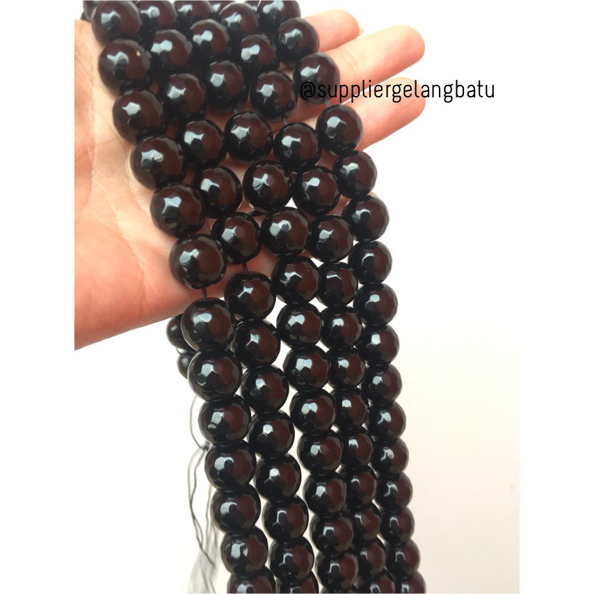 batu obsidian black onyx FACETED 14mm cutting UKIR bahan gelang kalung aksesoris fashion online