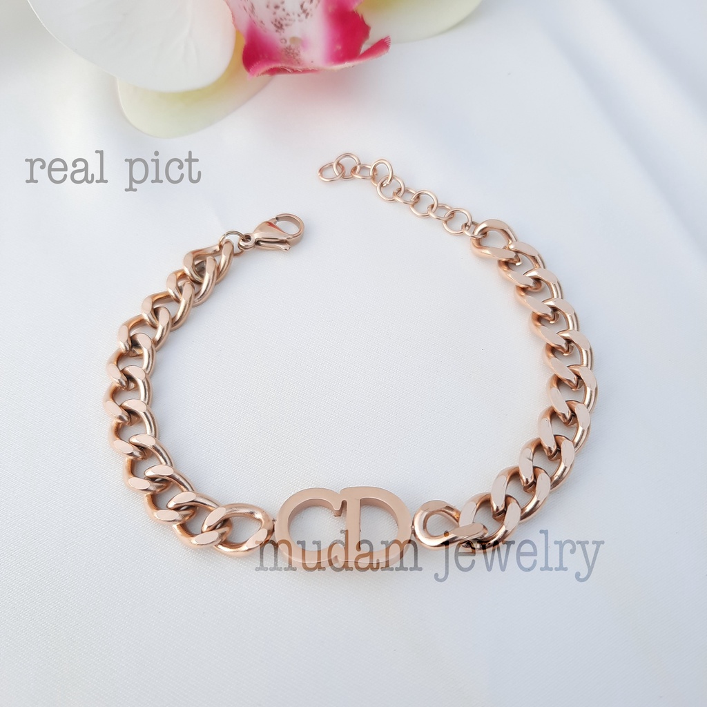 Gelang Tangan Rantai Lebar 0,8cm Titanium Model C. Di*r Tersedia Warna Rose Gold, Gold dan Silver