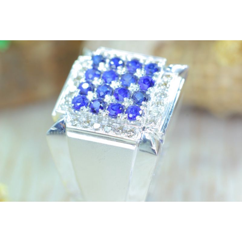cincin berlian pria mata utama 16pcs natural blue safir keliling berlian eropa ring perak ringsize 1