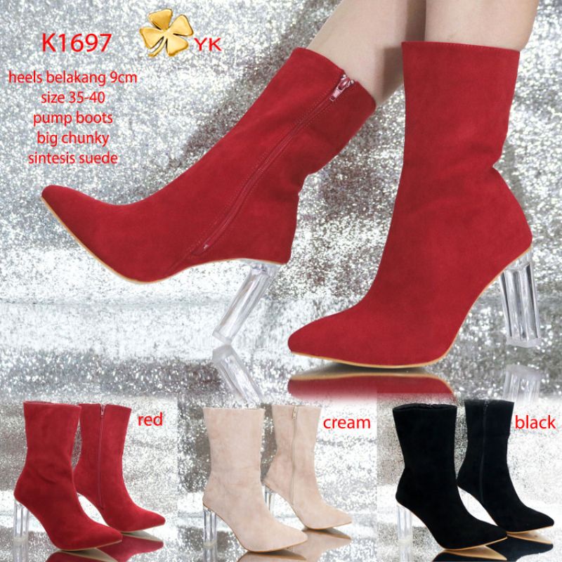 YKshoes 1697 heels 9cm angkle boots big chunky boots red cream black hak kaca clear jelly transparan