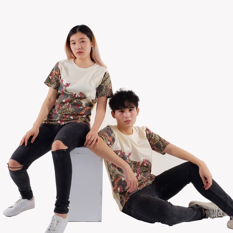 KLAMBEN Kaos Oblong Couple Kembaran Dewasa Santai Solo Unisex Batik Gandaria Putih Tulang