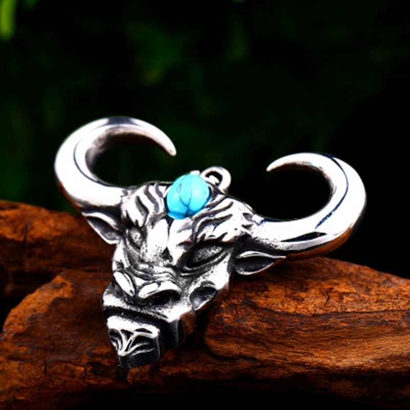 New men's fashion Inlaid Turquoise ox head pendant necklace punk jewelry