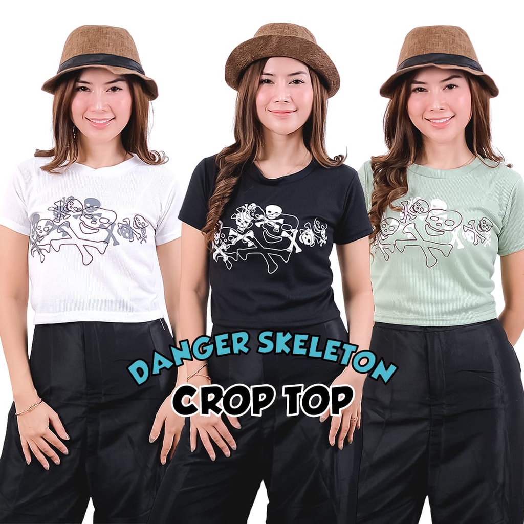 Tq88indonesia Fashion Baju Kaos Wanita Terbaru / Danger Skeleton Crop Top RIB / Tshirt Wanita / Baju Kasual Wanita / Baju Santai Cewek / Baju Crop Wanita