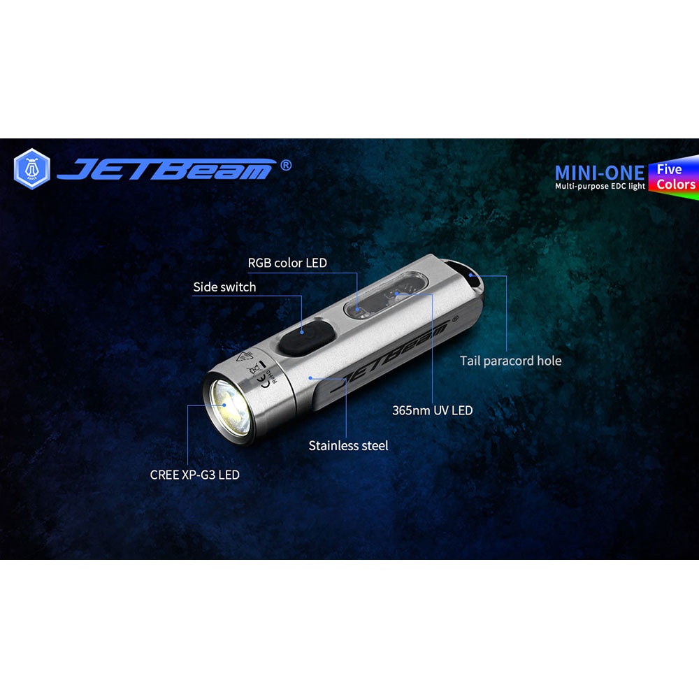 JETBeam Mini One Senter LED USB Rechargeable CREE XP-G3 500 Lumens with RGB + UV Light - Silver
