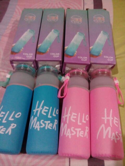 Hello Master + Pouch Warna 450ml Botol Minum Kaca / Botol Air / Water Glass Bottle