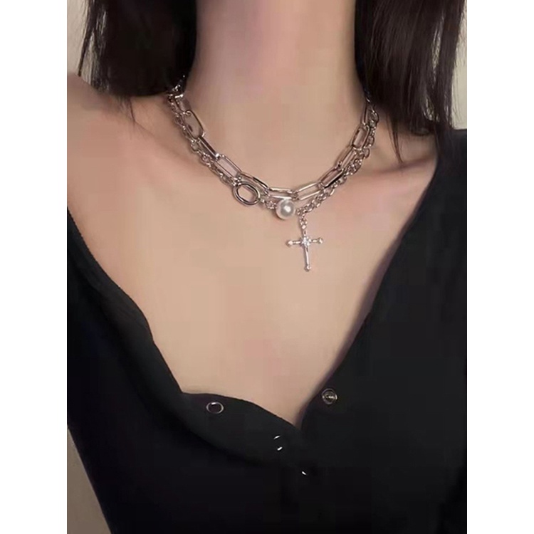 Kalung Mutiara Berlian Imitasi Double Layer Liontin Salib Gaya Korea Untuk Wanita