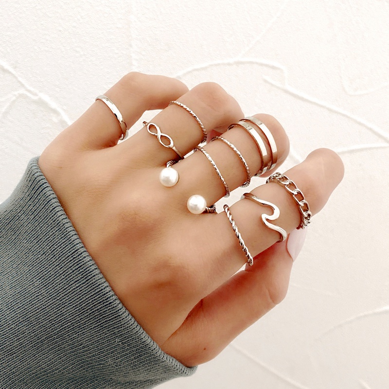 10pcs / Set Cincin Model Terbuka Bahan Alloy Desain Geometri Asimetris + Mutiara Gaya Trendy / Simple Untuk Wanita