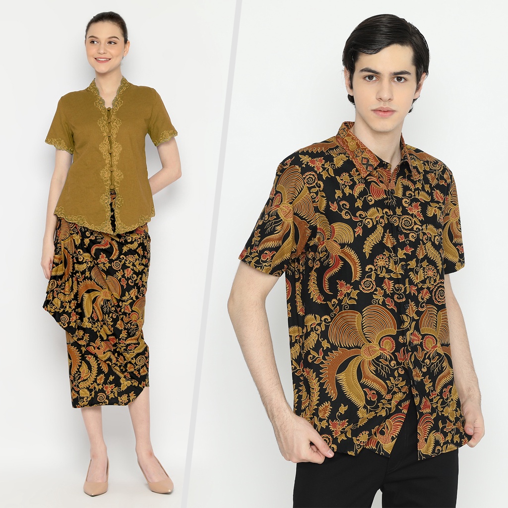 BATIK COUPLE MODERN Kemeja Rok Lilit Instan Batik Pria Lengan Pendek Premium Motif Burung Hitam 721083 CAP 72