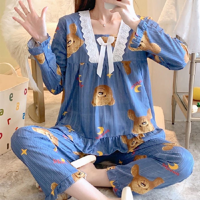 Baju Tidur / Piyama Import Wanita Motif Celana Panjang Lengan Pendek Stelan Sleepwear 3in1 Jumbo-RENDA-Bear Biru