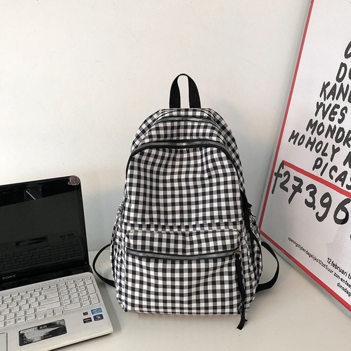 Mores Tas Ransel Laptop Wanita Niky Monokrom Tartan Korean Polyester backpack Nilon import remaja kuliah sekolah motif Gingham Hitam Putih